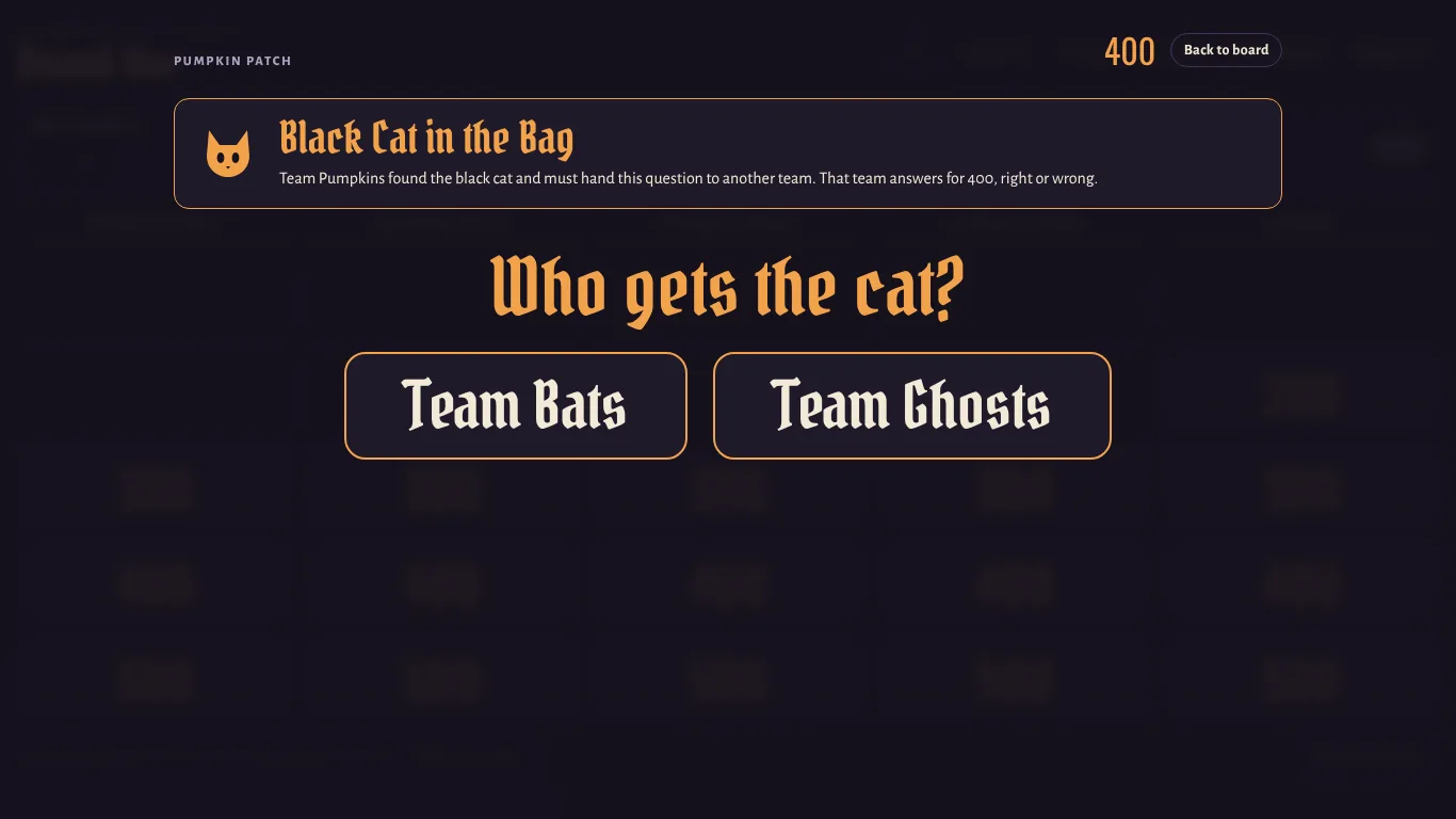 Black Cat in the Bag screen asking who gets the cat, with buttons for Team Bats and Team Ghosts