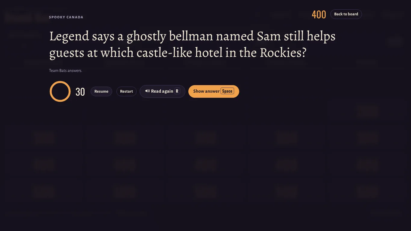 A Night of Frights question on screen with a 30-second timer and buttons to read the question again or show the answer