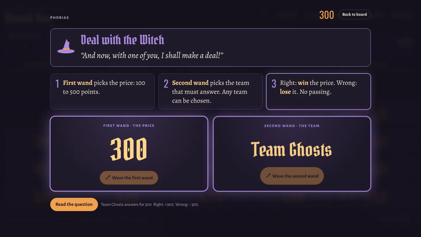 The Deal with the Witch screen: two magic wands pick a random price of 300 points and the team that must answer